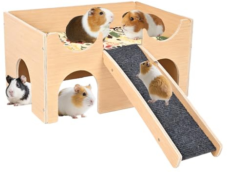 Wooden Guinea Pig Hideout, Multi-Cave Design Small Animal House, Guinea Pig Castle with Non-Slip Stairs and Double-Sided Mat