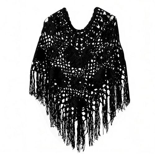 Poncho-Cape Tricoté Et Crocheté Pour Femme – Motif Floral, Franges, Style Bohème Tenue Décontractée, Paréo De Plage