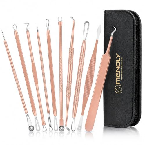 MENOLY Kit de herramientas para eliminar puntos negros, kit de acné para eliminar puntos negros, eliminación de Zit, herramienta extractora de puntos blancos y comedones, con bolsa de cuero (oro rosa)