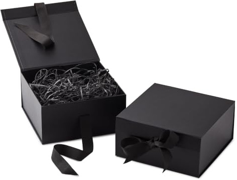 Hallmark Medium Gift Boxes with Bow and Shredded Paper Fill, Pack of 2 (Black 8 inch Box) for Weddings, Graduations, Birthdays, Father's Day, Groomsmen Gifts, All Occasion