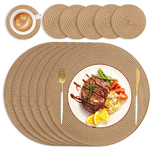 HEYOMART Runde Tischsets Platzsets Abwaschbar 6er Set Tischset Rund mit Untersetzer, 34cm Platzdeckchen Platzset Rund Platzteller rutschfest Hitzebeständig für Küche Hochzeit Weihnacht - Goldbraun
