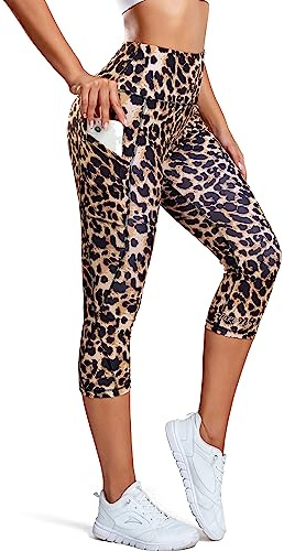 STARBILD Leggings 3/4 Sportivi da Donna con Tasche, Pantaloni Capri Opaca Vita Alta, per Yoga Palestra Fitness, K9900 - con Tasche - Leopardato L