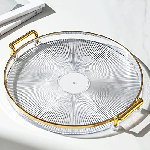 Serving Tray with Golden Handles, Acrylic Decorative Round Tray, Serving Platter for Food/Drinks/Snack/Coffee/Tea, Display Pallet for Home Bar Restaurant (27 * 27 * 3.5cm, Transparent)