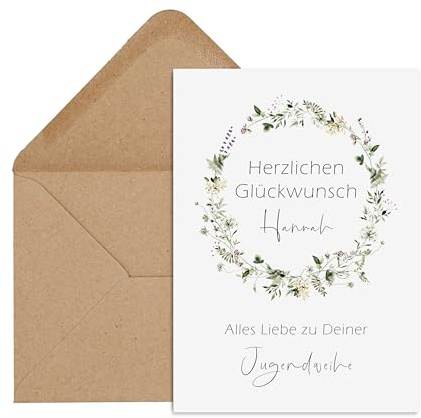 Nastami-kort för konfirmation, ungdomsfest, nattvardsgång, personligt anpassningsbart inklusive kuvert, presentkonfirmation personligt gratulationskort (ungdomshorn)