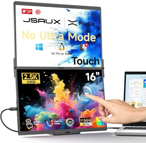 JSAUX FlipGo 16 Táctil Monitor Portátil Doble, 2.5K Extensor de Pantalla para Laptop, Extensible Pantalla Portátil Triple con Diseño Magnético, HUB Integrado, Solo un Cable, Compatible con Windows
