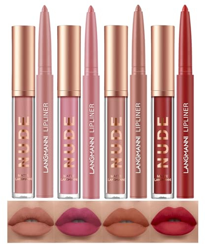 LANGMANNI 4pcs Matte Lipstick with Lipliners Durable Makeup Set,Long-Lasting Non-Stick Cup Not Fade Waterproof Pigmented Velvet Lipgloss Kit Beauty Cosmetics Makeup Gift for Girls(#9101112)