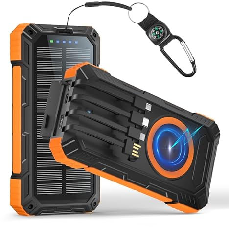 Solar Powerbank, 46800mAh 22.5w Powerbank USB C Mit Kabel Schnellladung Externe Handyakkus mit 6 Ausgängen Und 3 Eingängen, 15w Wireless Powerbank Große Kapazität Kompatibel mit iPhone, Samsung