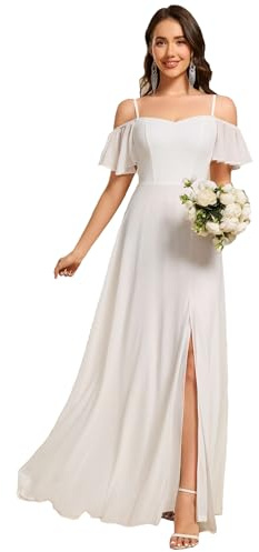 Ever-Pretty Abiti da Damigella d'Onore Lunghi in Chiffon con dalla Spalla in Stile Impero a Maniche Corte da Donna con Spacco Laterale Bianco 42