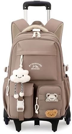 NIWEIYA Girls Boys Rolling Backpack with Wheels, Kids Wheeled Backpack for School, Girls Roller School Bag Trolley Bookbag, 6 Wheels Khaki, 11.81 x 7.09 x 18.11 inches