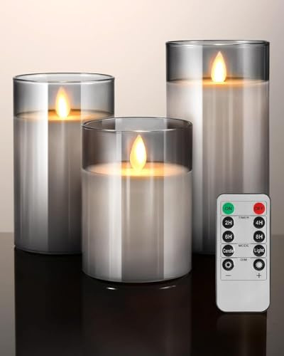 Qizeion Glass Battery Operated LED Flameless Candles with Remote and Timer, Real Wax Candles Warm Color Flickering Light for Festival Wedding Home Party Decor(Pack of 3), Grey