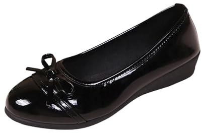 Black Ladies Round Toe Flats with Bow Accent Patent Leather Material for Enhanced Comfort and Slight Height Lift Ideal for Fall and Winter Seasons