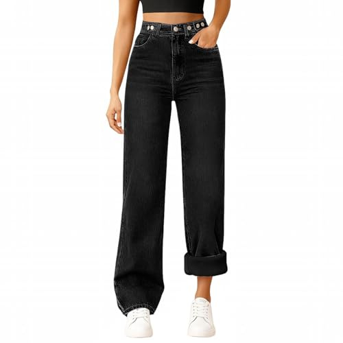 Jean Doublé Polaire Femme Taille Haute Stretch Pantalon en Denim Thermique Jeans Hiver Chaud à Jambes Larges Polaire Pant Fourré Femme Coupe Ample Grande Taille Jegging Décontracté Trousers M-5XL