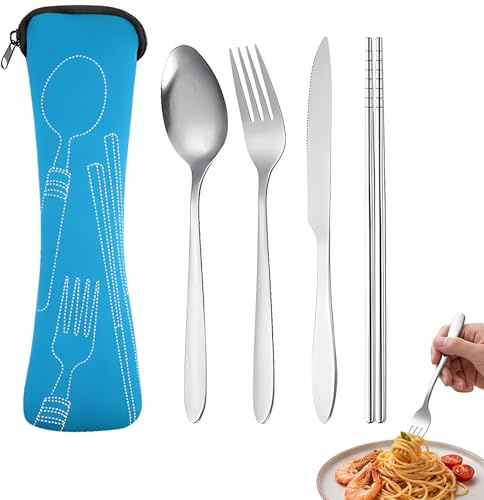 Set de Cubiertos para Llevar de Acero Inoxidable, 5 Piezas con Cuchillo Tenedor Cuchara Palillos y Estuche Azul, Cubiertos Camping Ideales para Trabajo, Viaje, Picnic y Oficina