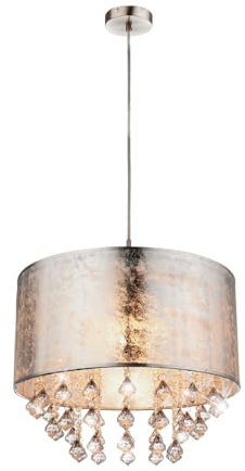 Hängelampe Stoff-Lampenschirm mit Kristallen Hängeleuchte Pendelleuchte Schlafzimmerlampe Silber Metallic (Pendellampe, Wohnzimmerlampe, 40 cm, Höhe 140 cm)