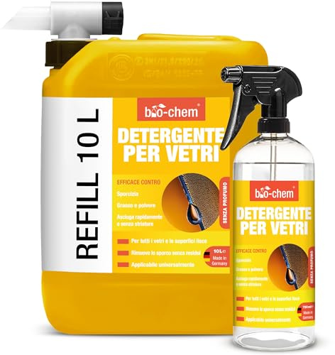 Bio-Chem - Nettoyant surfaces vitrées et verre 10L + 750ml + bouchon de vidange - produits et accessoires de nettoyage surfaces en verre, miroirs, fenêtres, vitres de voiture, façades de cuisine
