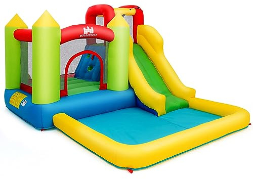 COSTWAY Castello Gonfiabile Parco Acquatico Gonfiabile, con Scivolo Muro Arrampica Trampolino e Piscina, con Borsa di Trasporto, per 3 Bambini di 3-10 Anni (Senza soffiatore)