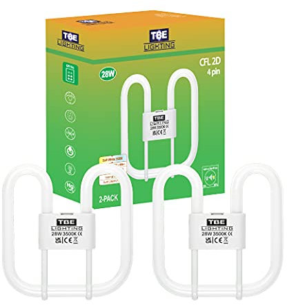 TBE LIGHTING 28w 2D 4-PIN CFL Energy Saving Lamps - DD Fluorescent Bulbs - 4-Pin GR10q Base Fittings - Long Life Lamp, Soft White 3500K (2-Pack)