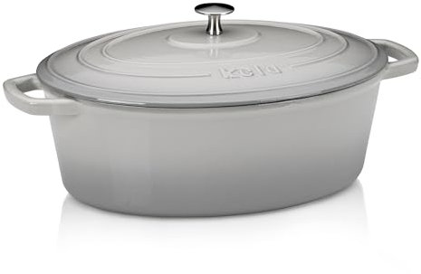 kela Bräter Gusseisen oval 6 Liter, Dutch Oven CALIDO, Induktion Gussbräter mit Deckel, Gusseisen Topf Brot backen, emailliert, hellgrau