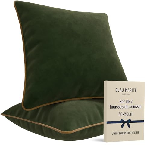 Blau Marité Set de 2 Fundas Cojín Terciopelo 50x50 cm – Cojines Decorativos sofá Cama salón. Funda cojín con Ribete. Relleno no Incluido. (Verde y Camel)