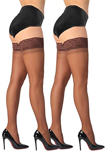 DORALLURE Thigh High Stockings, Silicone Lace Top Stay Up Silky Semi Sheer Pantyhose for Women Hold Up Nylon, 2 Pairs