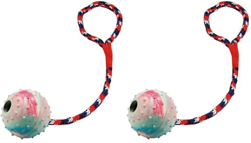 Kerbl Pet Balle sur Corde, Balle Jouet pour Chien, 30cm, ø 6cm, Bleu/Rouge/Blanc, Balle en Caoutchouc, à Lancer et à Attacher, avec Clochette (Lot de 2)