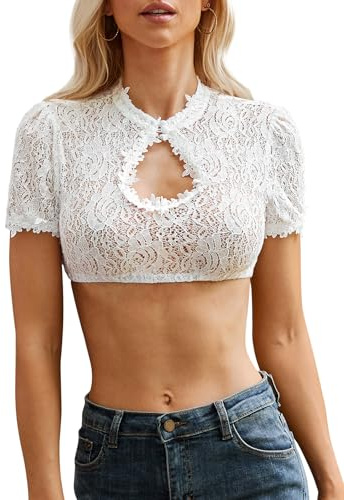 IIBOOYYE Women's Bavarian Oktoberfest Costume Traditional Dirndl Short Sleeve Lace Blouse Classic Tops White XL