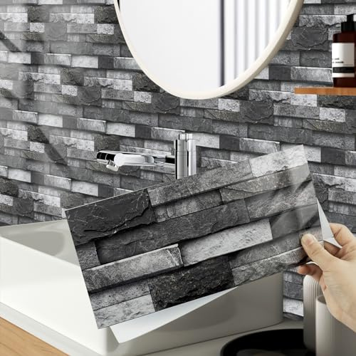 Hode Marble Self Adhesive Wall Tile Stickers for Bathroom Kitchen | 24 Pieces 15x30cm Black Stick on Tiles Tiles for Kitchen Walls Bathroom Cupboard Vinyl Peel and Stick Waterproof Glossy