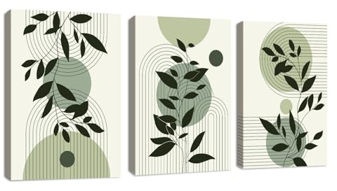 3 st bohemiska målningar med salviagröna blad, moderna geometriska runda linjer, väggkonst, minimalistiskt estetiskt canvastryck, målning, poster för vardagsrum, sovrum, dekoration, 30 x 40 cm x 3 st