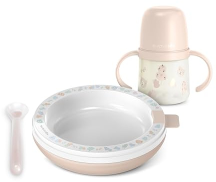 Suavinex, Vajilla Bebés con Plato Térmico, Mantiene la Comida Caliente. Incluye: Cuchara de Silicona + Vaso de Aprendizaje con Asas y Boquilla de Silicona + Plato Térmico, +6 Meses, Wild&Free, Rosa