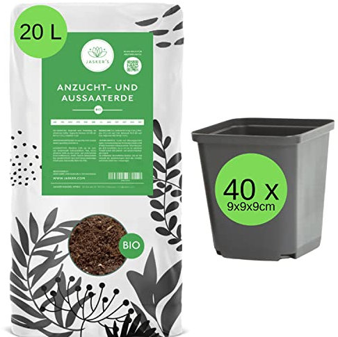JASKER'S Bio Anzuchterde 20 L + 40 x Anzuchttöpfe eckig - 100% Torffrei - Ungedüngte Aussaaterde zur Anzucht - Ansaaterde Für Stecklinge - Anzucht-Erde für Tomaten, Chili, Kräuter, Gemüse