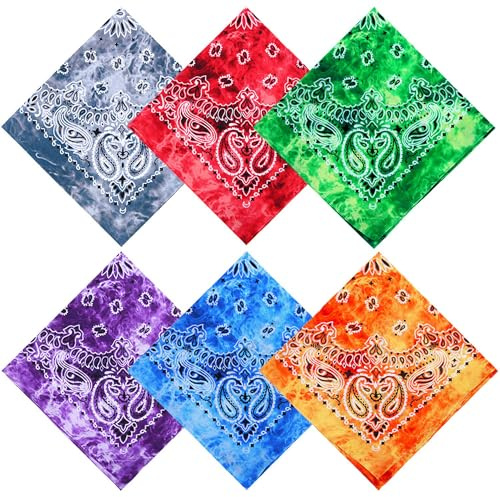 URATOT 6 Pack 22 x 22 Inch Tie Dye Bandana Cotton Paisley Bandanas Headbands Cowboy Handkerchiefs for Men and Women