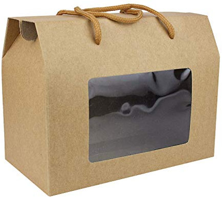 Emartbuy Kraft Paper Gift Box Bag, 15 cm x 11 cm x 9 cm, Brown, With Clear Window and Carry Handle - Pack of 12
