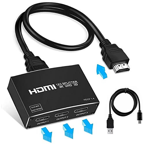 4K HDMI Splitter 1 in 3 Out, Aluminum HDMI Splitter 4K, 【Duplicate 3 Same Outputs,Not Extend】 Support 4K, 1080P, 3D, HDR for Xbox, PS5, PS4, PS3, Roku, Blu-Ray Player, Etc (HDMI Cable Included)