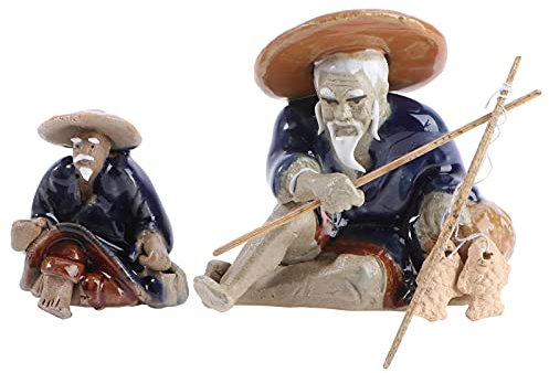 DOITOOL Miniature Fisherman Figurines: 2PCS Chinese Sitting Fishing Statue Ornament for Micro Landscape Fish Tank Bonsai Figurines Zen Garden Ornaments
