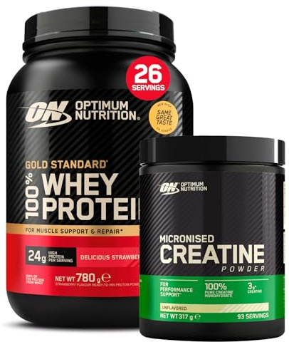 Optimum Nutrition Gold Standard 100% Whey Proteine in Polvere e Aminoacidi Fragola 780g 26 Porzioni + Micronised Creatine Monohydrate Performance Non Aromatizzata 317g 93 Porzioni