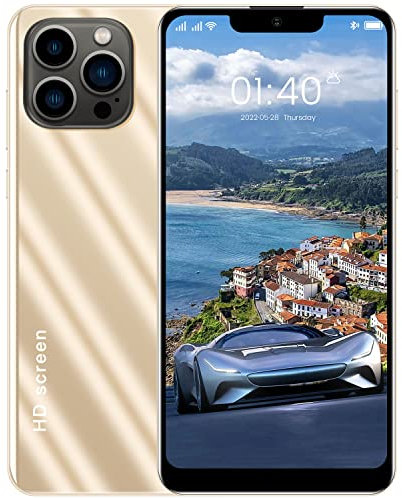 IP13 Pro Max Entsperrtes Mobiltelefon Mit Gesichtserkennung, 6,1 Zoll FHD Bildschirm, 3 GB RAM 32 GB ROM, 2800 mAh Akku, Dual SIM Prepaid Smartphone, GSM (Gold)