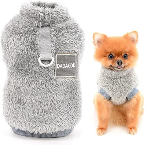 SMALLLEE_LUCKY_STORE Pull en Polaire Sherpa pour Animal Domestique Col roulé Pull avec Anneau en D pour Petits Chiens Chats, Chiots Yorkshire Chihuahua vêtements Chauds, Gris, M