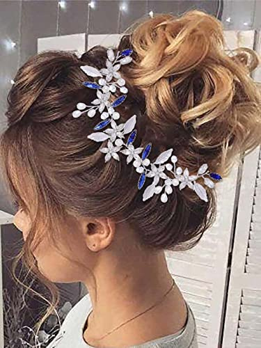 IYOU Vigne de Cheveux de Mariage Nuptiale Accessoires Cheveux Fleur Bleu Bandeau de Perles de Cristal Coiffe de Demoiselle D'honneur Mariée pour Femme