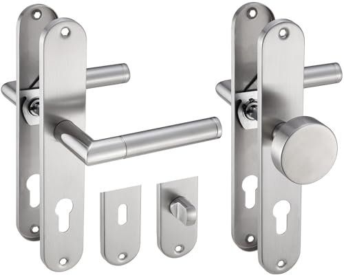 Stahlia Langschild Drückergarnitur Edelstahl glanz poliert ELEN | PZ - Profizylinder | Türbeschlag für Innentüren, Zimmertüren, Eingangstüren für Türstärke 20 – 47 mm | Befestigungsmaterial