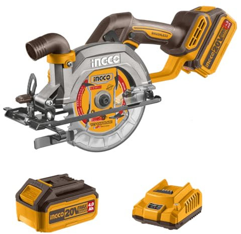 INGCO 20V 140mm Cordless Circular Saw with Brushless Motor 6300RPM Max. Cutting Depth 50mm (90°) Electric Circular Saw 20mm Arbor with 1Pcs 4.0Ah Battery and Charger CSLI14021