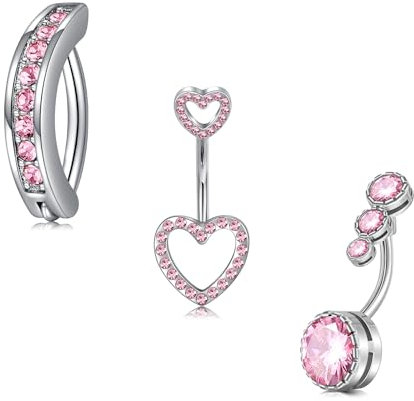 LAURITAMI 3stk Bauchnabelpiercing Herz Edelstahl CZ 14G 10mm Stablänge Piercing Bauchnabel Schmuck Silber Gold