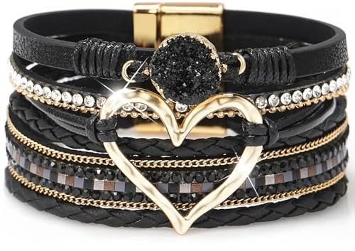 Suyi Multilayer Leather Wrap Bracelet Heart-Shape Wide Cuff Bracelets for Women Black