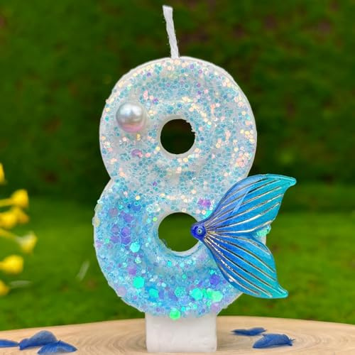 HUATEEN Sjöjungfru födelsedagsljus 8, glittrande sifferljus med siffror i metalliskt blått och silver som tårtdekoration för födelsedagstårtor, cupcakes och fester (vuxna/barn)