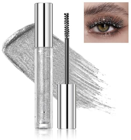 Prreal Silver Glitter Mascara, Quick-Dry Diamond Sparkly Mascara für Eyelashes, Lightweight Long Lasting Curling Volumizing Eye Makeup