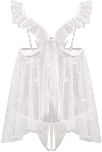 KFLY Sexy Lace Babydoll Lingerie Set for Women Nightwear Nightgown Bralette Open Front G String Embroidered Mesh Polka Dot Nightie Valentine (White, One Size)