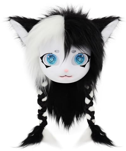 PPFINE Animal Cat Fursuit Furry Mask Halloween Full Head Plush Cosplay Party Costume Accessory