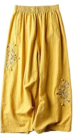 Pantalon d'hiver pour femme - Mélange de lin - Jambe large - Taille élastique - Pantalon palazzo décontracté avec poches - Pantacourt pour vélo de course - Pantalon court pour femme