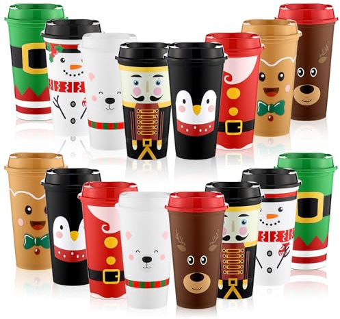 SiliFine 16 Pcs Christmas Reusable Coffee Cups 16 oz Tumbler with Lids Christmas Coffee Mugs Santa Elk Nutcracker Snowman Gingerbread Man Bear Penguin Styles Xmas Table Decor Birthday Party Supplies