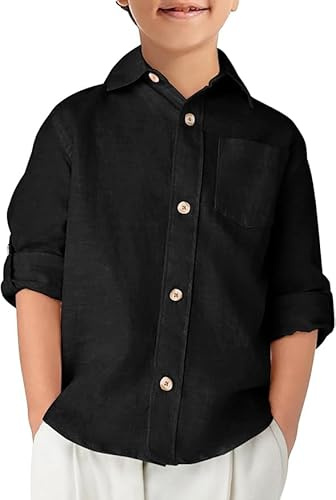 Haloumoning Camicia da ragazzo in cotone, a maniche lunghe, per il tempo libero, per bambini, tinta unita, facile da stirare, button down shirt casual, per feste, con tasca sul petto, Nero , 7-8 Anni