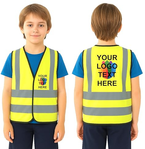Kids Hi Vis Vest Custom Childrens High Vis Vests Jacket Personalised Yellow Viz Safety Security Waistcoat Hi-Vis Visibility Full Colour Print Reflective Strips Outdoor (Yellow, 4-6 Years)